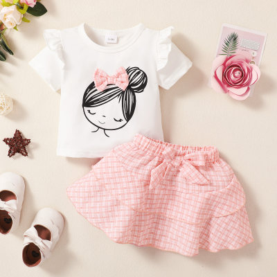 Baby Girl Cute Girl Pattern Bow-knot Decor camiseta y falda a cuadros
