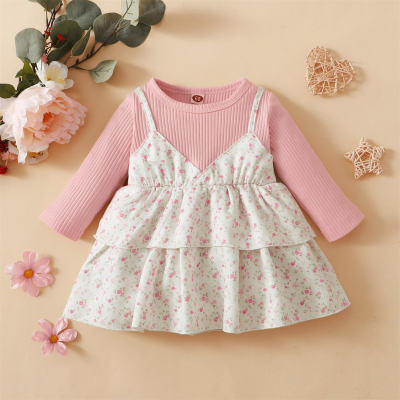 Baby Floral Color-block 2 In 1 Long Sleeve Dress