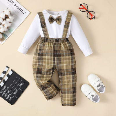 2-piece Toddler Boy Solid Color Bowtie Decor Long Sleeve Top & Plaid Dungarees