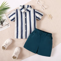 2-piece Toddler Boy Color-block Striped Short Sleeve Shirt & Solid Color Shorts  Blue