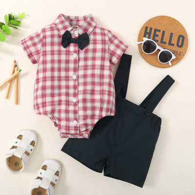 2-Piece Plaid Bowknot Decoration Babysuit and Overalls