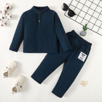 2-piece Toddler Boy Button Front Stand Up Collar Shirt & Matching Pants  Deep Blue