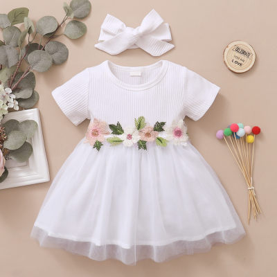 Baby Girl Color-block Floral Lace Decor Mesh Dress & Headband