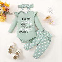 Baby Girl 3 قطع ارتداءها بنمط رسالة وسراويل بنمط على شكل قلب وعقال  أخضر
