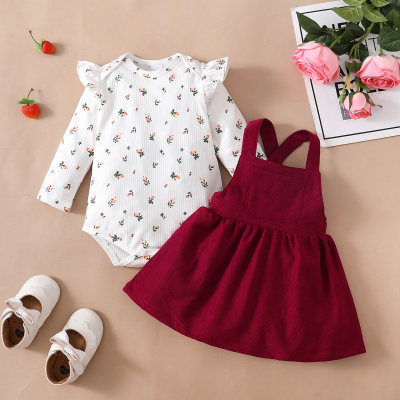 Baby Girl Floral Pattern Bodysuit & Solid Color Suspender Dress