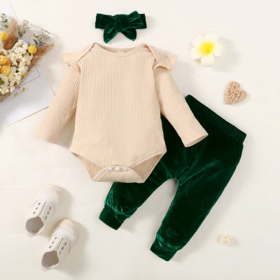 3-piece Baby Girl Solid Color Ribbed Long Sleeve Romper & Plush Pants & Matching Headwrap