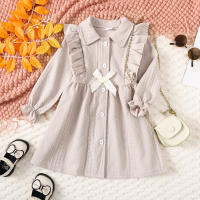 2-piece Toddler Girl  Solid Color Bow Embellished Lapel Buckle Long-sleeved Dress  Apricot