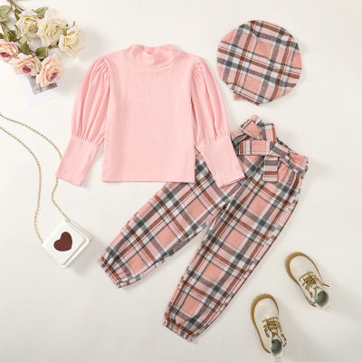 3-piece Toddler Girl Long Sleeve Top & Plaid Pants With Hat