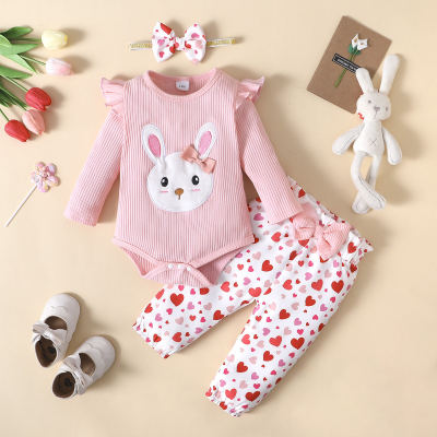 Baby Girl Rabbit Pattern Bodysuit & Heart-shaped Pattern Pants & Headband