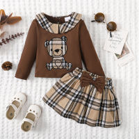 Baby Girl 2 Pieces Cute Bear Plaid T-shirt & Plaid Bowknot Skirts  Brown