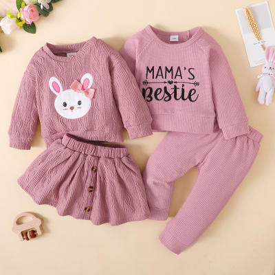 Brother and Sister Rabbit Appliqué Sweatshirt & Button Front Skirt & Waffle Letter Embroidered Sweatshirt & Pants