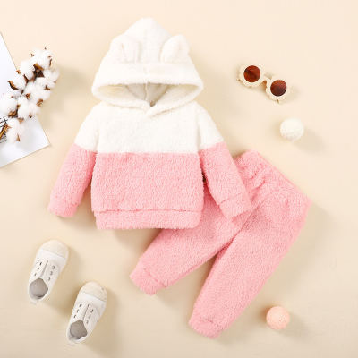 Toddler Girl Color-block Fleece-lined Plush Hoodie with Ears & Pants