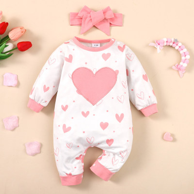 2-piece Baby Girl Allover Heart Printed Long-sleeved Long-leg Romper & Bowknot Headwrap