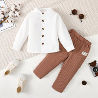2-piece Toddler Boy Solid Color Stand Up Collar Long Sleeve Shirt & Matching Suspender Pants  White