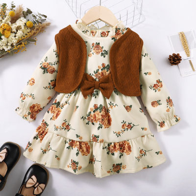 2-piece Toddler Girl Allover Floral Bowknot Decor Lantern Sleeve Dress & Solid Color Textured Sleeveless Vest