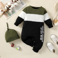 Baby Letter Printed Color-block Long-sleeved Long-leg Romper With Hat  Black