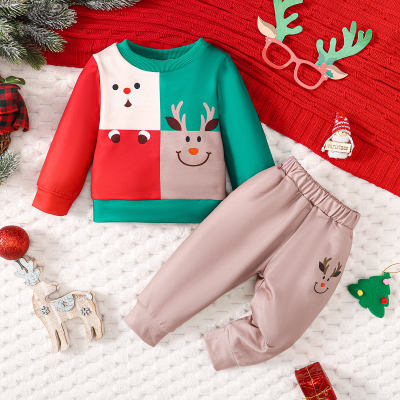 Baby Boy 2 Pieces Color-block Christmas Deer Pattern Sweater & Pants