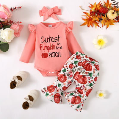 Baby Girl 3 Pieces Letter Printed Long-sleeved Bodysuit & Flare Pants & Headband