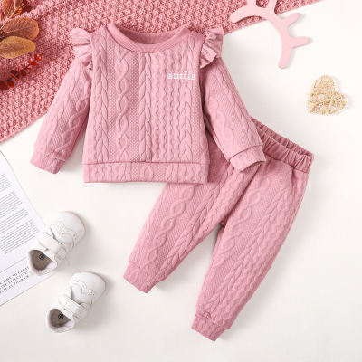 Baby Girl 2 Pieces Solid Color Textured Decorative Pattern Sweater & Pants for Autumn Winter