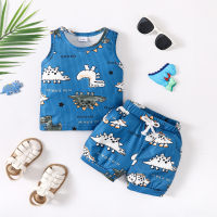 Chaleco y pantalones cortos con patrón de dinosaurio y letras para bebé niño de 2 piezas  Azul profundo