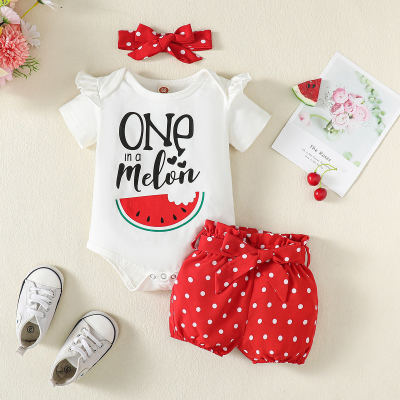 Baby Girl Watermelon Babysuit y diadema y Shorts de lunares