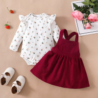 Baby Girl Floral Pattern Bodysuit & Solid Color Suspender Dress  Burgundy
