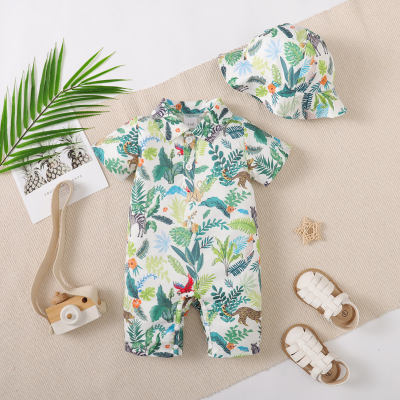 2-piece Baby Boy Allover Floral Printed Short Sleeve Boxer Romper & Matching Hat