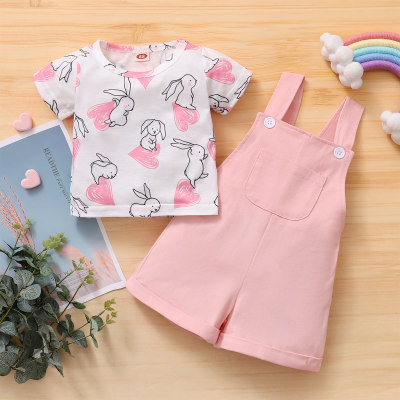 Baby Girl Rabbit Print T-shirt & Overalls