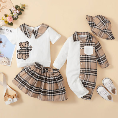 Brother and Sister Plaid Lapel Bear Pattern T-shirt & Bowknot Decor Skirt & Plaid Patchwork Button-up Long-sleeved Long-leg Romper & Hat