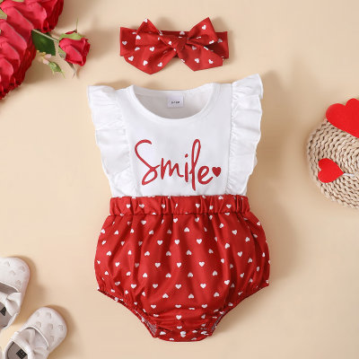 Baby Girl Color-block Letter Heart-shaped Pattern Bodysuit & Headband