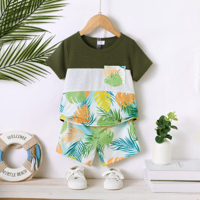 Casual printed patchwork pocket short-sleeved suit
