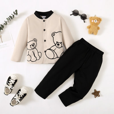 2-piece Toddler Boy Bear Printed Shand Up Collar Long Sleeve Shirt & Solid Color Pants