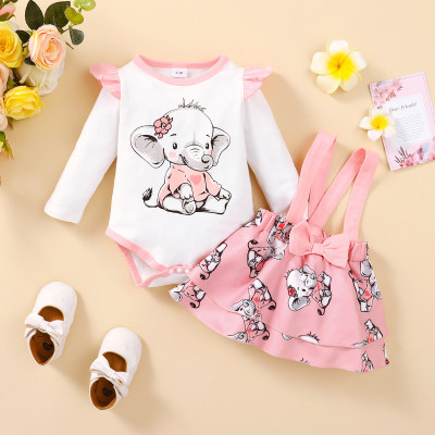 2-piece Baby Girl Color-block Elephant Printed Long Fly Sleeve Romper & Allover Elephant Pattern Bowknot Decor Strap Dress