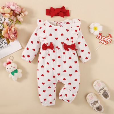 2-piece Baby Girl Pure Cotton Ruffled Polka Dotted Bowknot Decor Long-sleeved Long-leg Romper & Headwrap
