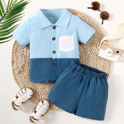 Baby Boy 2 Pieces Casual Color-block Pocket Decor Shirt & Solid Color Shorts