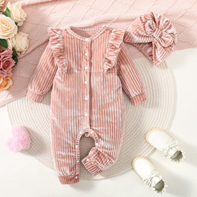 Baby Girl 2 Pieces Solid Color Ribbed Ruffle Long-sleeved Long-leg Romper & Hat