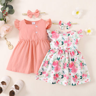 Baby Girl Solid Floral Pattern Dress & Bow Headband