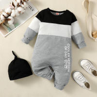 Baby Letter Printed Color-block Long-sleeved Long-leg Romper With Hat  Gray