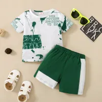 Toddler Boy Casual Cotton Letter Color-block Top & Pants Suit  Deep Green