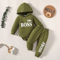 Baby Casual Letter Printed Long Sleeve Hoodie Bodysuit & Trousers  Army Green