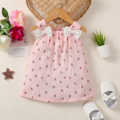 Baby Girl Pure Cotton Allover Floral Pattern Bowknot Decor Square Neck Strap Dress