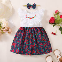 2-piece Toddler Girl Floral Patchwork Ruffled Spliced Sleeveless Dress & Bowknot Headwrap  White