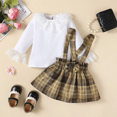 2-piece Toddler Girl Solid Color Lace Lapel Spliced Petal Sleeve Top & Plaid Bowknot Decor Overalls dress