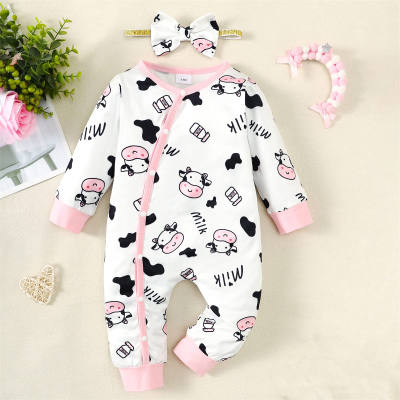 Baby Girl 2 Pieces Cute Cattle Milk Graphics Jumpsuit & Headband For Autumn Spring