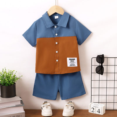 Camicia a maniche corte patchwork a blocchi di colore da bambino in 2 pezzi e pantaloncini abbinati