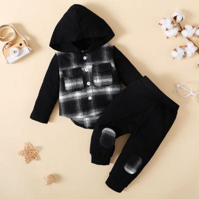 Camisa xadrez com capuz de patchwork de 2 peças para bebê menino e calça combinando