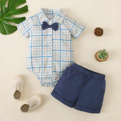 Baby Boy Plaid Bow-knot Bodysuit & Solid Color Shorts