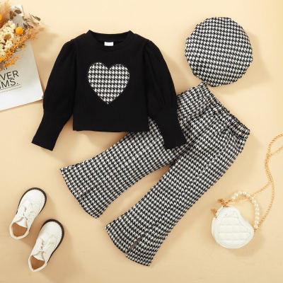 3-piece Toddler Gitl Solid Color Houndstooth Heart Patchwork Gigot Sleeve Top & Houndstooth Flare Pants & Matching Beret