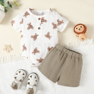 2-piece Baby Boy Pure Cotton Allover Bear Printed Short Sleeve Romper & Solid Color Shorts