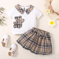 Toddler Girls Daily Cute Bear Pattern Top & Pleated Skirt  White